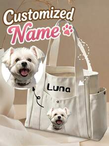 Personalized Pet Photo And Name Tote Bag, Large Capacity Shoulder Bag, Suitable For Work, Travel And School. Portable, Multi-Functional, Universal, Lightweight And Practical. Suitable For Anniversary, Holiday/Vacation And Other Occasions. Versatile, Cute, Simple And Interesting. Perfect Birthday, Anniversary And Valentine's Day Gift For Pet Lovers. - Multicolor - View 2