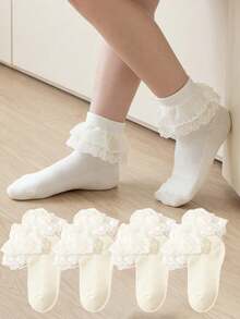 4 Pairs Solid Color Cotton Lace Trim Double Layer Princess Ballet Dance Socks For Kids & Toddlers - Champagne - View 13