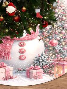 1/100Pcs Christmas Tree Skirt With Pink Snowman Pattern, Featuring Pink Berry Branches, Small Cabin, Snowman, Christmas Tree Design, Round Base, Diameter 60/90CM Optional; Suitable For Winter Party And Home Holiday Decoration, Ideal Christmas Tree Accessory. - Multicolor - View 6