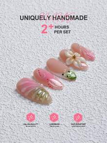 10pcs Handmade Medium Almond Shape Press-On Nails Set, Acrylic Nail Tips With French Floral Design And Y2K Gradient Style (Nude Pink To Matcha Green), Classic Fake Nails For Nail Salon, Daily Wear, Holiday Party And Gift, Women's Nail Accessories - Multicolor - View 2