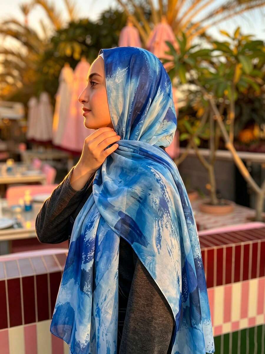 1件女款波希米亞風棕色紮染印花頭巾，街頭風百搭柔軟透氣圍巾，適合日常穿搭