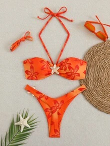 Sunny Vacation 2件式比基尼泳衣套裝，亮眼橘色花朵印花，適合度假、海灘與游泳的夏季泳裝 - 橘色 - 查看 6