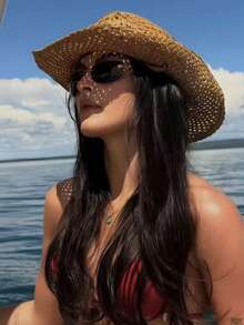 1pc Vintage Hollow Wide Brim Straw Hat, Suitable For Spring/Summer Outdoor Travel, Beach Vacation Wear, Hand-Woven Breathable Sun Protection Western Cowboy Panama Straw Hat, Unisex - A - View 3