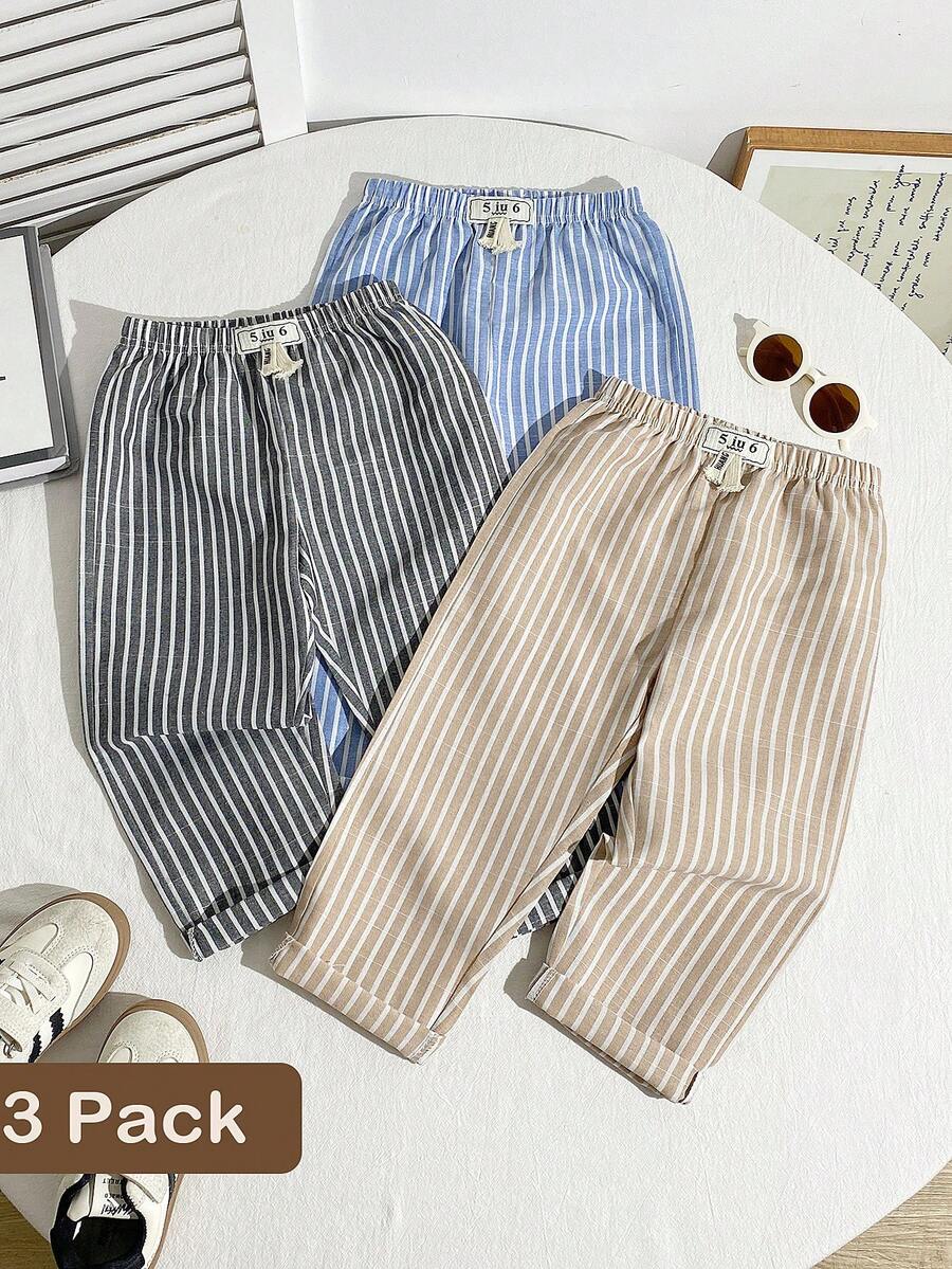 3-Pack Spring And Autumn Young Boy Striped Casual Pants For Boys, Perfect For Street Wear, Outdoor Wear, And Vacation - Multicolor - View 1