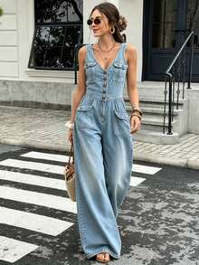 Modelo top mono vaquero lavado cintura marcada pierna ancha recta estilo casual - azul cielo - Ver 7