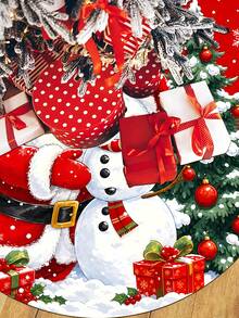 1/100件聖誕主題聖誕樹裙，印有聖誕老人和雪人圖案，包含雪花、雪景、紅綠禮物盒、冬青莓果設計，圓形底座，直徑60/90CM可選；適用於冬季派對和居家節日裝飾，理想的聖誕樹新配件 - 彩色 - 查看 2