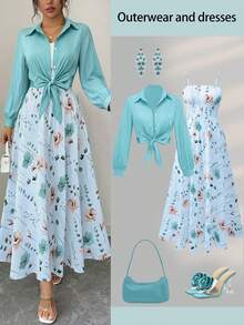 Gaun Wanita Elegan Bermotif dengan Jaket Lengan Panjang, Set 2 Potong Anggun untuk Kencan, Perjalanan, dan Pakaian Sehari-hari Saat Liburan - Mint Green - View 4