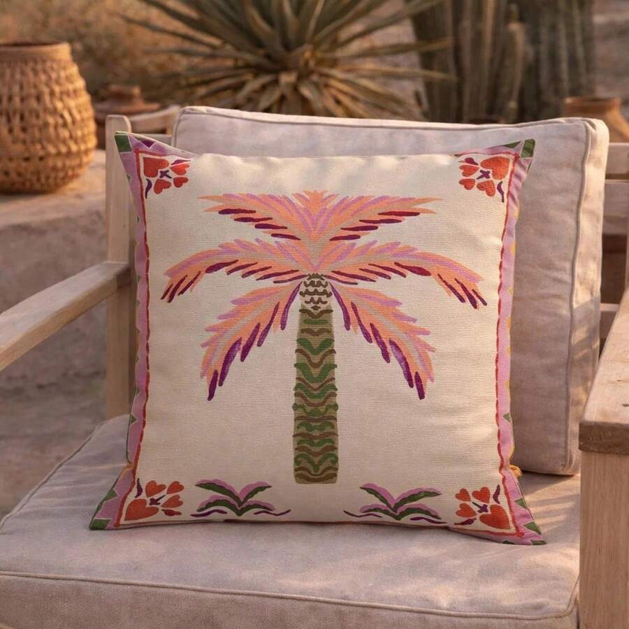 1pc Pink Hand-Painted Palm Tree Border Print Pillow Case, Classic Pastoral Style Polyester Square Single-Sided Zipper Closure Cushion Cover Without Pillow Insert, Living Room Sofa Balcony Homestay Flower Shop Spring Summer Home Decor - Pink - View 1