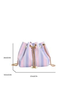 Mini New Fashion Straw Woven Gold Chain Drawstring Bucket Bag Beach Bag - Purple - View 3