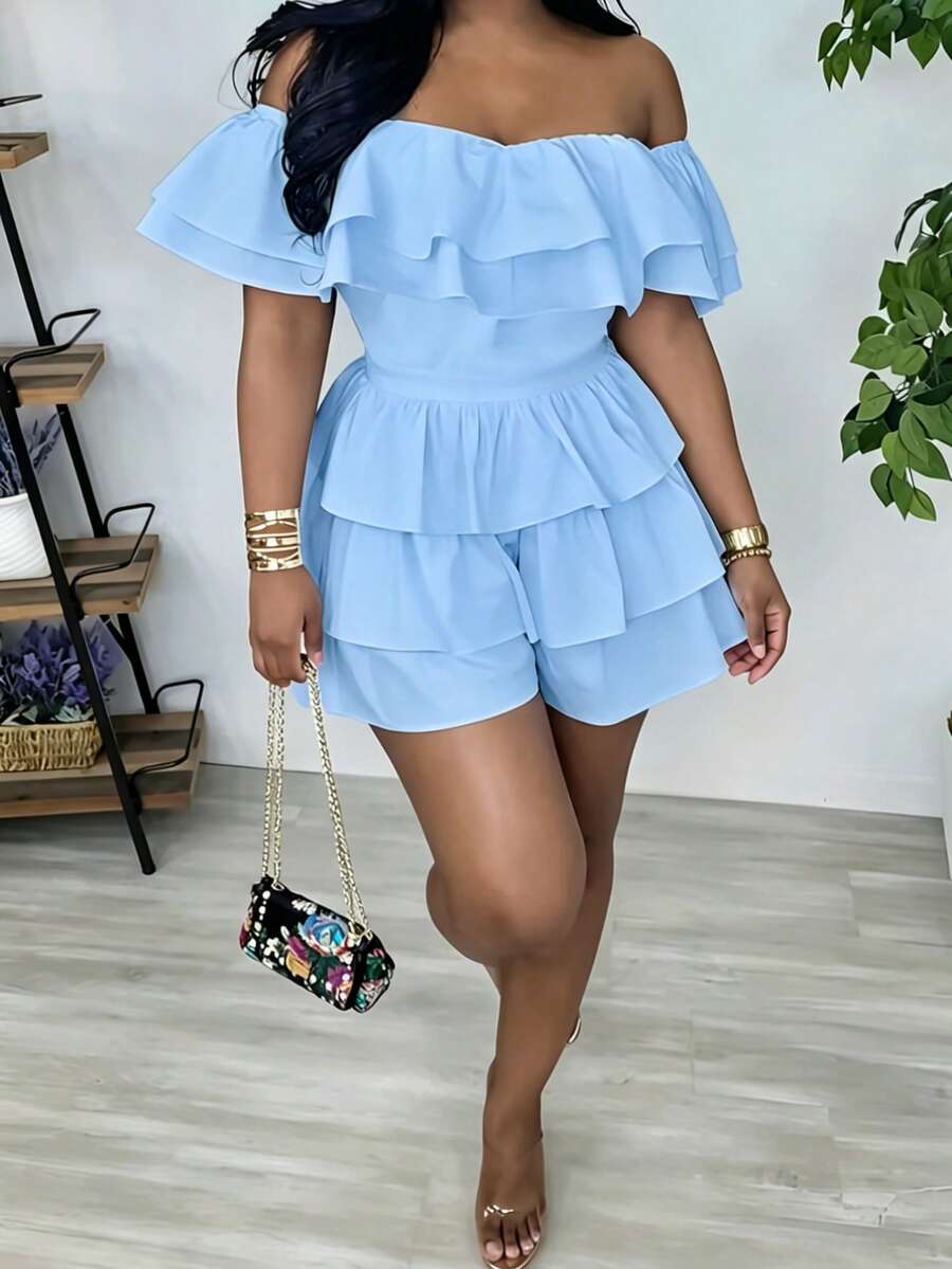 1pc Solid Color Ruffled/Flounce Knot Multi-Layer Cake Off-Shoulder Jumpsuit For School Back-To-School Party Stage And Concert All Seasons Summer