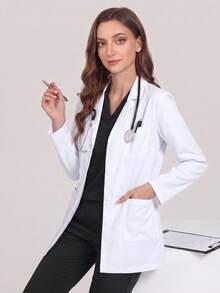 Jaqueta Jaleco Branco Feminino de Manga Longa com Lapela Entalhada, Frente Aberta, Bolso, Scrubs para Enfermeira, Roupa de Trabalho, Dentista, Saúde, Hospital Veterinário e Laboratório - Branco - Visão 4