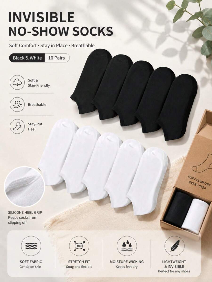 10 pares de calcetines cortos invisibles de verano para hombre en blanco y negro, simples, prácticos y multifuncionales - Negro - Ver 1