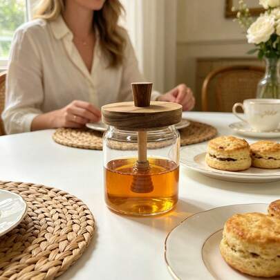 Wooden Lid Glass Honey Jar With Integrated Honey Dipper Stick, Clear Airtight Honey Pot Container For Kitchen Storage, Large Capacity Transparent Honey Dispenser, Cute Minimalist Table Decor For Breakfast Picnic Party, Practical Housewarming Gift