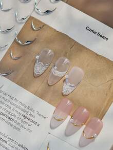 1 Sheet Gold Silver 3D Metallic Curved French Smile Line Nail Stickers, Self-Adhesive Curve Strip Nail Decals For Manicure DIY Decor - 彩色 - 查看 4