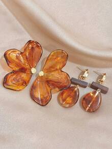 Luxuy Retro Amber Large Asymmetric Petal Drop & Wooden Dangle Earrings, Gold Jewelry Gift, For Daily Party Birthday Valentine's Day, Boho/Y2K - Multicolor - View 6