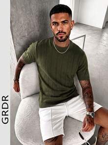 GRDR Men's Summer Knit Solid Ribbed Short Sleeve Sweater, Sporty Casual, Suitable For Outdoor Activities - Army Green - View 4