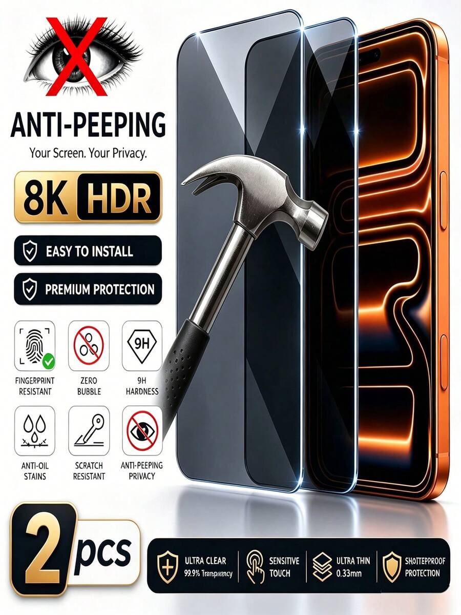 NNBILI 2片裝隱私防窺鋼化玻璃螢幕保護貼，相容 iPhone 18/18 Pro/18 Pro Max/17e/17 ProMax/17 Pro/17 Air/16e/16 ProMax/16 Pro/16/15 ProMax/15 Pro/15/14 ProMax/14 Pro/14/13/12/11/X/XS/XSMAX/7/8/7Plus/8Plus，9H 硬度防刮，圓角舒適貼合，防塵設計，隱私保護，適合日常使用，相容手機殼