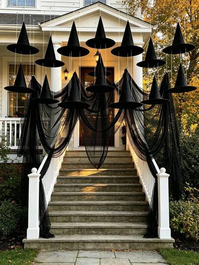 1/14pcs Halloween Witch Hanging Decor Set,Black Sheer Cobweb Tulle Drape & Floating Black Pointed Witch Hats,With Clear Hanging Strings & Ceiling Adhesive Hooks,Spooky Gothic Backdrop For Front Porch,Entry Stairs,Haunted House & Halloween Party Decor