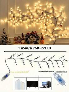 仿真樹枝 LED 串燈，USB 供電 8 種模式，4.76/5.9/7.55 英尺仙女燈，可彎曲仿真樹枝藤蔓燈，臥室牆面裝飾，聖誕室內派對家居裝飾 - 彩色 - 查看 13