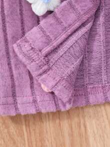 Girls Sweet Lady Style Purple Ribbed 3 Pieces Set: Colorful 3D Floral Decor Short Long Sleeve Cardigan + Solid Color Camisole + Elastic Waist Flared Pants, Daily Outfit For Little Girls - Mauve Purple - View 7