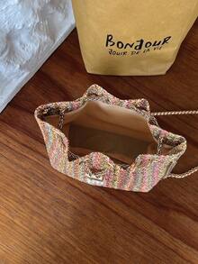 Mini New Fashion Straw Woven Gold Chain Drawstring Bucket Bag Beach Bag - Red - View 4
