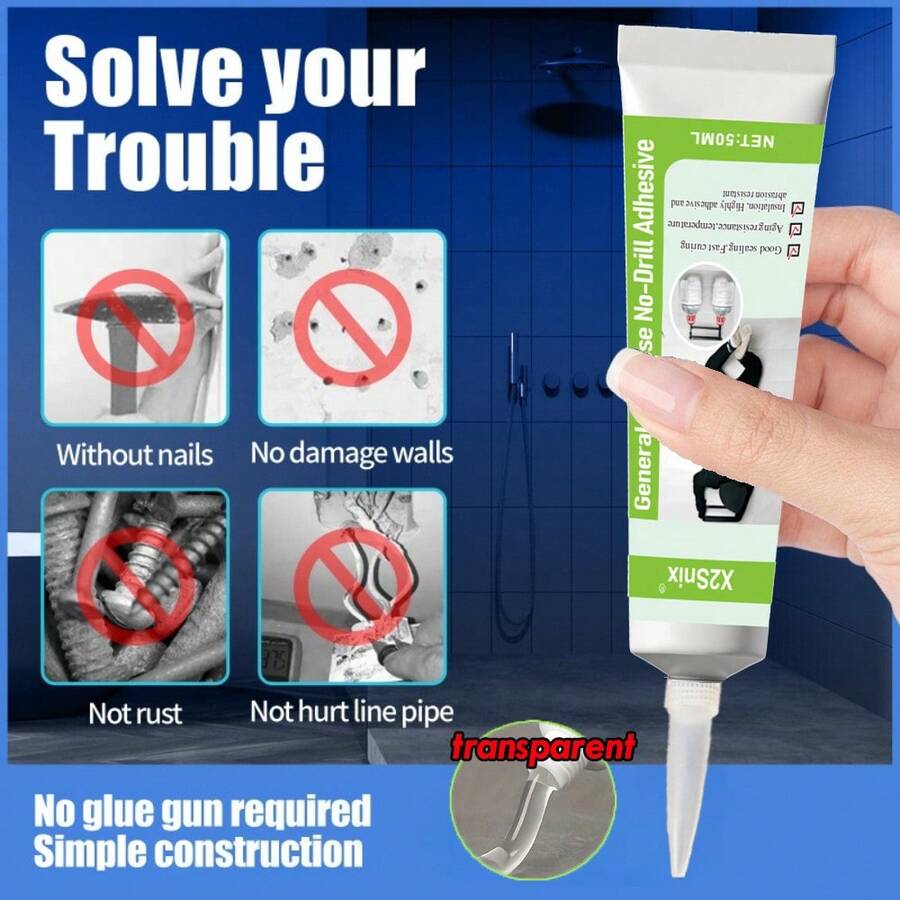 Strong No-Nail Adhesive, Powerful Bonding Agent Suitable For Wall, Metal, Mirror, Tile, Baseboard, Bathroom Shelf And Various Materials - Waterproof, Multi-Purpose, No Drilling Required Household Glue, No Drilling Required