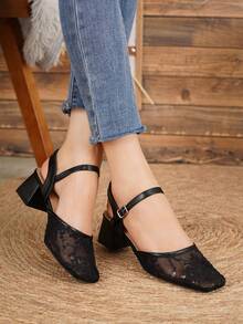 2026 New Women's Apricot Lace Mary Jane Slingback 4.5cm Chunky Heel High Heels Square Toe Single Strap Closed Toe Pumps Wedding Elegant Versatile French Style Shoes - Black - View 5