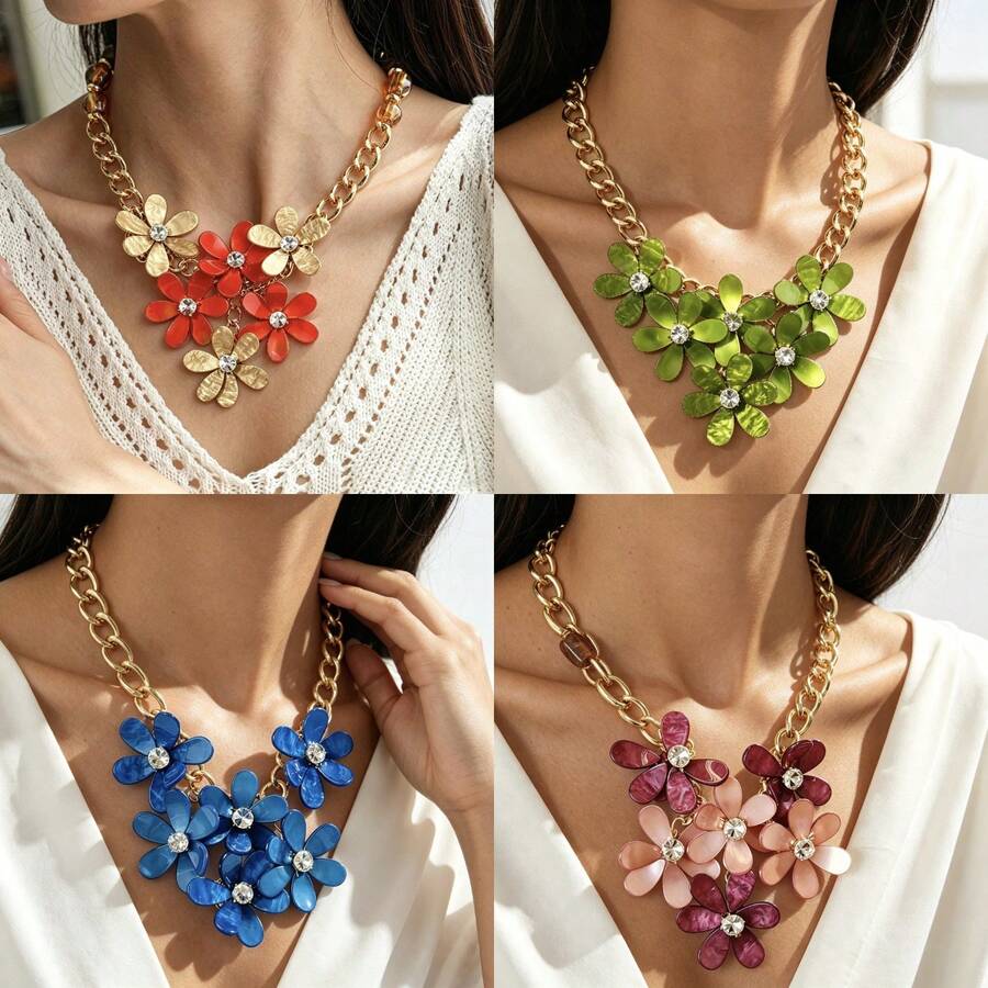 1pcCluster Flower Statement Necklace, Retro Casual  Look, Daily Holiday Styling, Rhinestone Floral Collar Ornament - 深藍毛衣鏈 - 查看 1