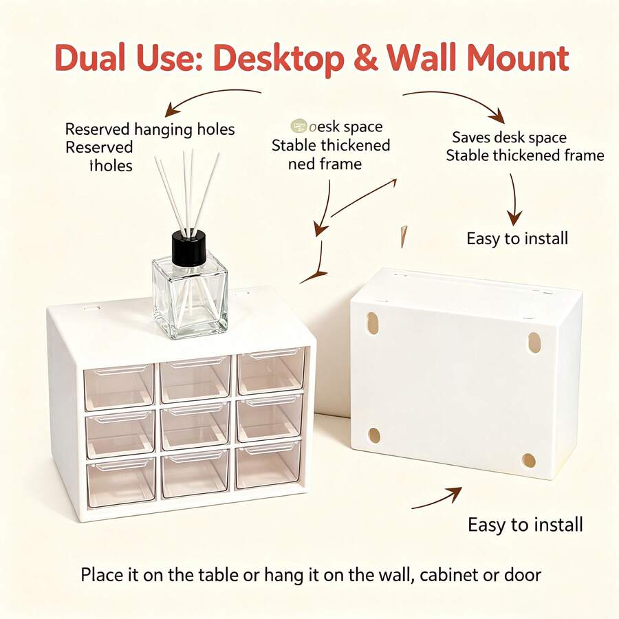 6/8/9 Compartment Transparent Drawer Storage Box, Wall-Mounted Desktop Organizer Rack, Suitable For Jewelry, Stationery, DIY Painting, DIY Crafts And Accessories Storage