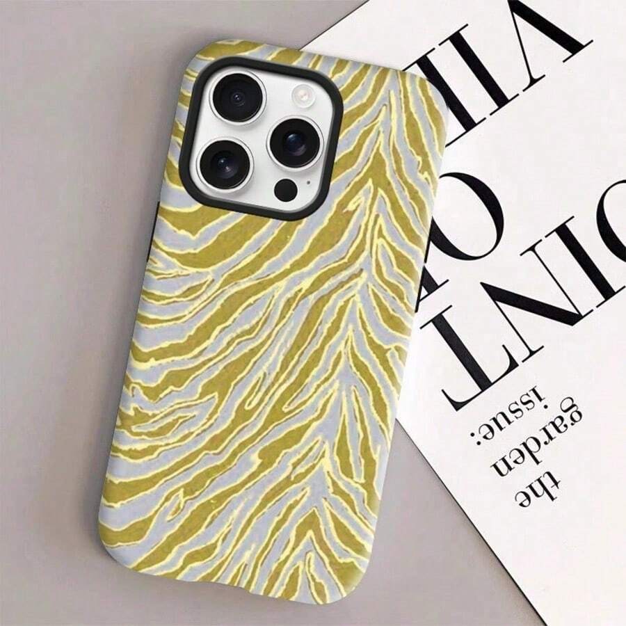 Beige Zebra-Pattern Phone Case - Durable, Shockproof, Waterproof, Glossy Finish, Elegant Abstract Style, Sturdy Protective Case, Suitable For - 白色4 - 查看 1