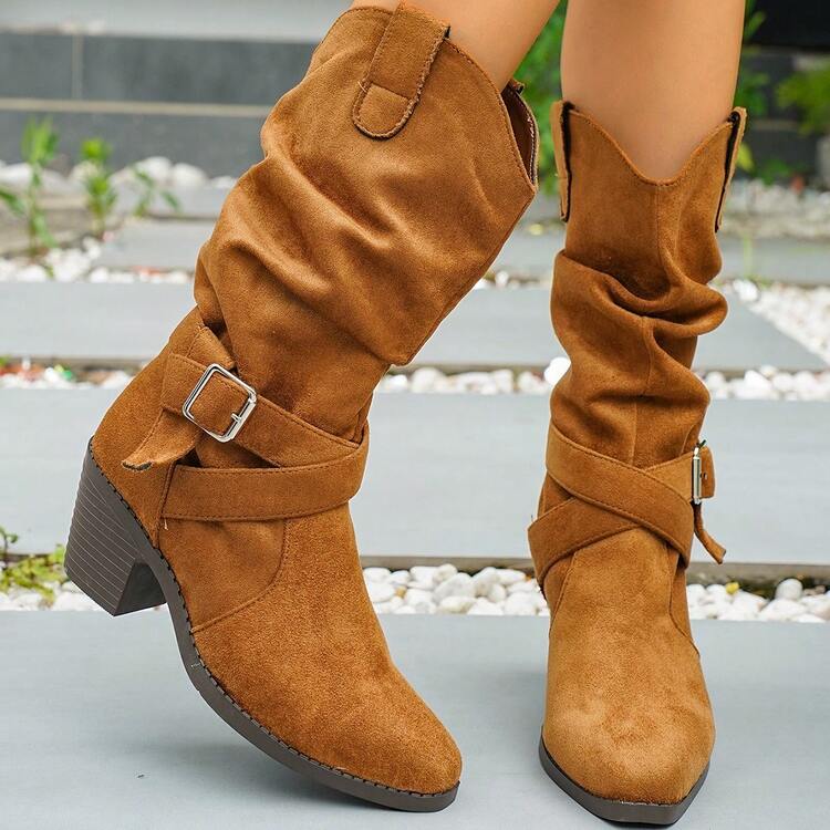 Women's Mid-Calf Boots Thick Sole Chunky Heel High Heel Boots Ruched Ankle Boots Fashionable Boots - Khaki - View 2