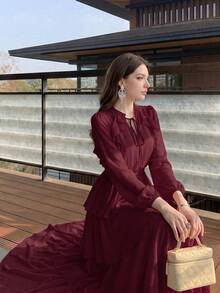 女款新款純色優雅小立領長袖蛋糕層拼接設計時尚奢華收腰顯瘦大裙擺洋裝 純色優雅派對荷葉邊亮片拼接百褶蕾絲/荷葉邊婚禮沙灘 - 酒紅色 - 查看 6