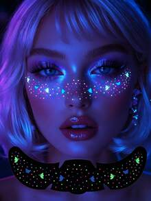 6 Folhas de Tatuagens Temporárias que Brilham no Escuro com Glitter, Adesivos de Tatuagem Facial de Sardas, Tatuagens de Luz Negra para Decorações de Festa Neon, Maquiagem de Cosplay, Fantasia de Halloween, Acessórios de Rave, Lembrancinhas de Festival - Multicolorido - Visão 3