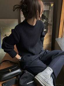 New Navy Blue Half-High Neck Ribbed Knit Sweater, Vertical Texture Slimming And Fitted, Soft And Skin-Friendly. Minimalist Korean Slouchy, Clean Look When Worn Alone, Also Pairs Well With Coats, Versatile For Autumn/Winter, Dark Color Low-Key And Textured, Suitable For Daily Commute - Navy Blue - View 1