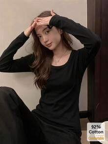Women's Autumn Long Sleeve T-Shirt, Versatile Black Deep U-Neck Top, Slimming Solid Color Inner Layer Base Shirt Casual - Black - View 3