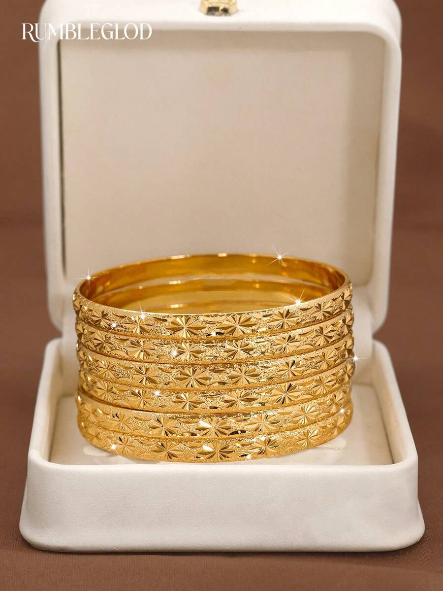 1/3/6 Pcs 24K Gold Plated Starry Sky Pattern Bracelet, 60mm/65mm/70mm Diameter Options, Suitable For Women's Daily Wear, No Packaging - Gold - View 1