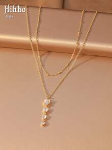 Hihho 1pc Bohemian Style Fashion Vintage Gold-Plated Double Layer Stacked Chain Vertical Heart Cubic Zirconia Necklace, Random Number Of Positioning Beads, Women's Commute Date Daily Wear Neck Accessory - Heart Necklace - View 4