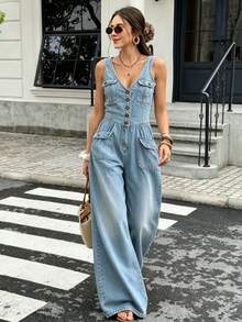 Modelo top mono vaquero lavado cintura marcada pierna ancha recta estilo casual - azul cielo - Ver 2