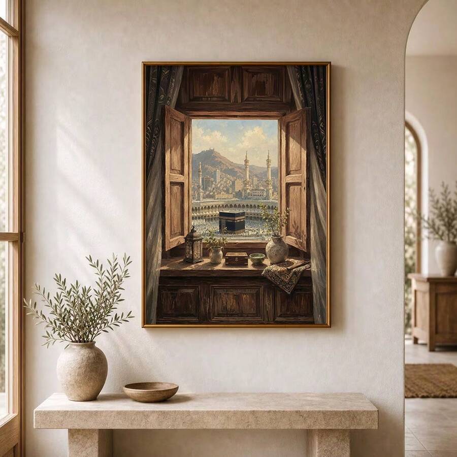 1pc Framed/Unframed Islamic Architecture Window View Rustic Canvas Poster Boho Arabic Muslim Mosque Landscape Wall Art Print Eid Ramadan Decor Religion Scroll Painting For Prayer Room Living Room,Bedroom,Modern Home Decoration