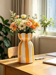 1pc Classic Hand-Painted Striped Ceramic Vase, Modern Minimalist Ins Style Creative Hand-Painted Flower Arrangement Decor, Multi-Functional Decorative Ornament For Living Room, Entryway, Office, Atmosphere Photography Prop - Multicolor - View 7