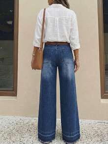 UMINOW Women's Long Straight Leg Denim Jeans, Casual Style, With Pockets, Button And Zipper Details, Non-Stretch Fabric Fall - Blue - View 5