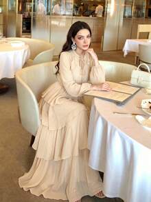 Women's New Solid Color Elegant Small Stand Collar Long Sleeve Tiered Ruffle Design Fashion Luxury Slimming Waist Flared Dress Solid Color Elegant Party Ruffle Sequin Patchwork Pleated Lace/Ruffle Wedding Beach - Apricot - View 1