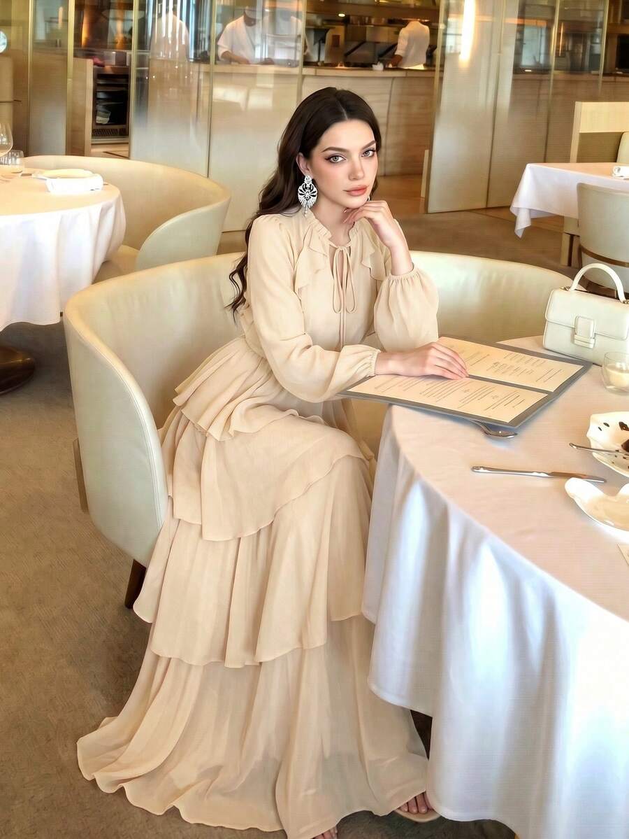 Women's New Solid Color Elegant Small Stand Collar Long Sleeve Tiered Ruffle Design Fashion Luxury Slimming Waist Flared Dress Solid Color Elegant Party Ruffle Sequin Patchwork Pleated Lace/Ruffle Wedding Beach - Apricot - View 1
