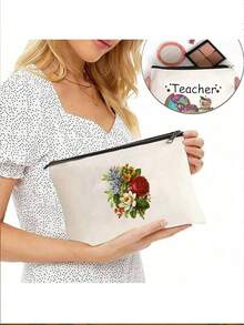 Customizable Canvas Bag With Personalized Photo Design, Foldable Large Capacity Travel Organizer Toiletry Bag, Monogrammed Makeup Pouch, Groomsmen Gift - Beige - View 5