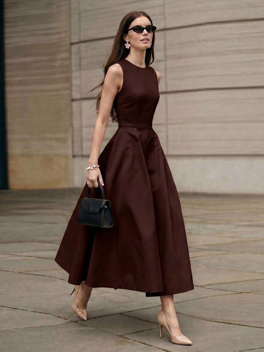 Women's Solid Color Elegant Casual Daily Commute Office Business Sleeveless Dress - Brown - View 1