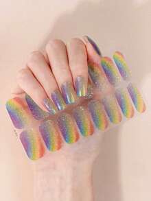 Pegatina de uñas de gel sin hornear color rosa coral, película de aceite para uñas, pegatina de uñas impermeable, pegatina de unicolor, pegatina de polvo de cebollino, pegatina de color degradado saltarín, pegatina completa - Multicolor - Ver 6
