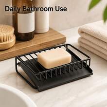 1件式式傾斜鍛鐵皂盤，黑白配色鏤空排水設計，附可拆卸接水盤，快速排水保持皂乾爽，免鑽孔安裝，適合浴室檯面、洗手台、廚房水槽的清潔收納整理 - 多色 - 查看 9