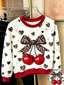 Tween Girl Bow Print Crew Neck Long Sleeve Sweatshirt - White - View 1