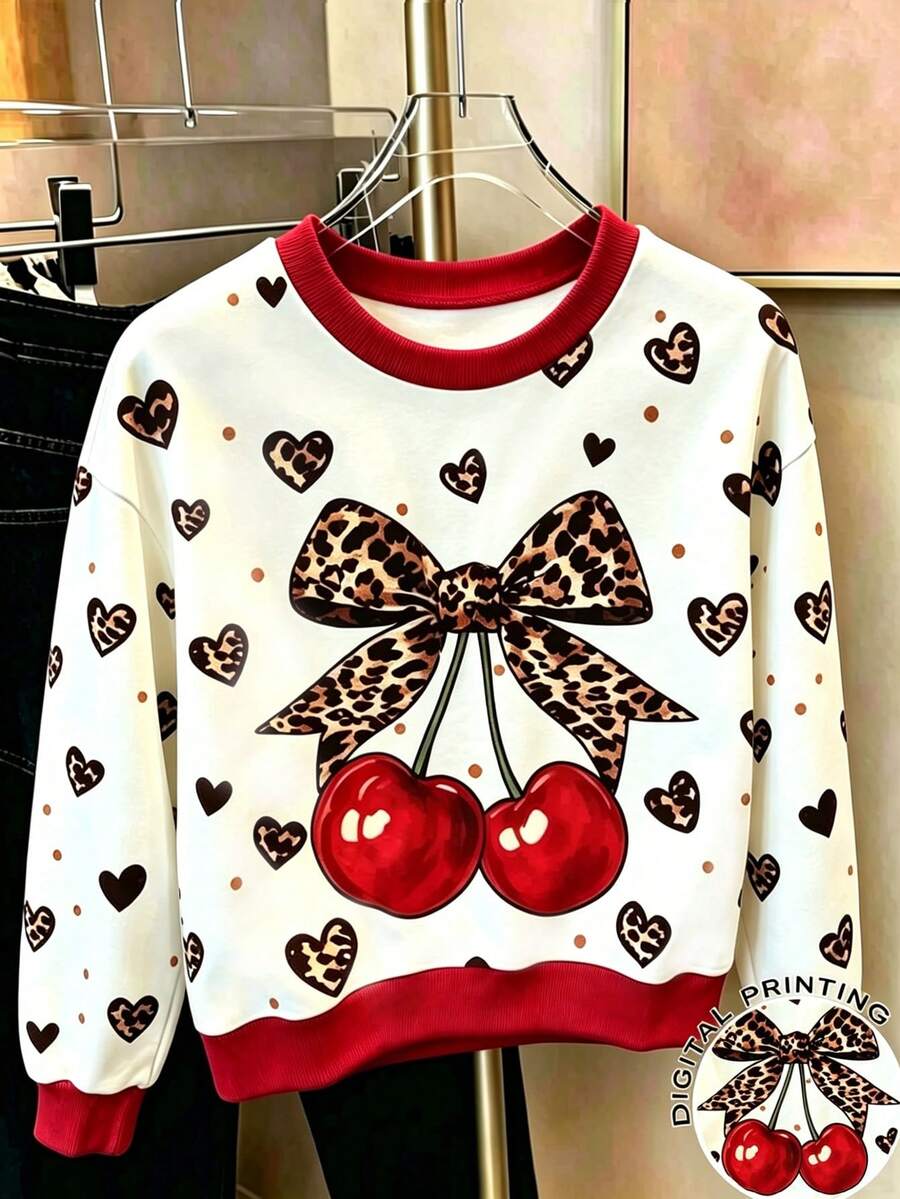 Tween Girl Bow Print Crew Neck Long Sleeve Sweatshirt - White - View 1