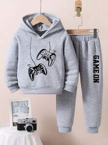 Boys' Letter Print Hoodie And Sweatpants Warm Set - Grey - View 1